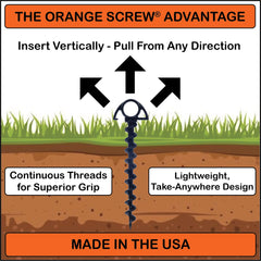Orange Screw anchors installed in sand for stable beach gear.