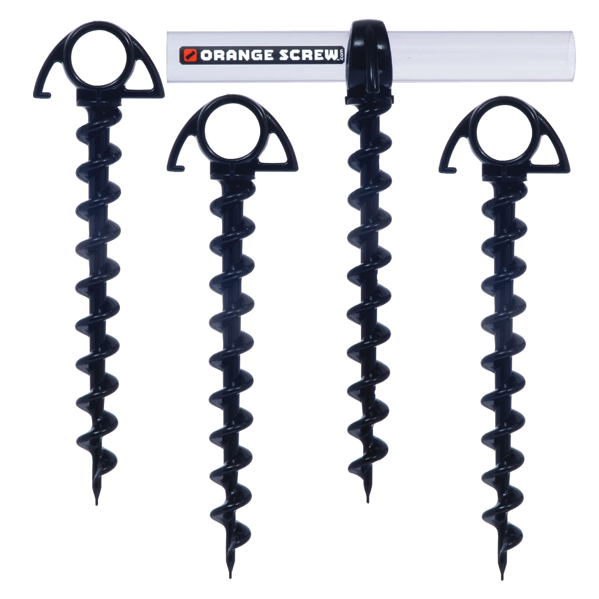 Orange Screw Ultimate anchors in packaging; durable, eco-friendly stakes for camping.