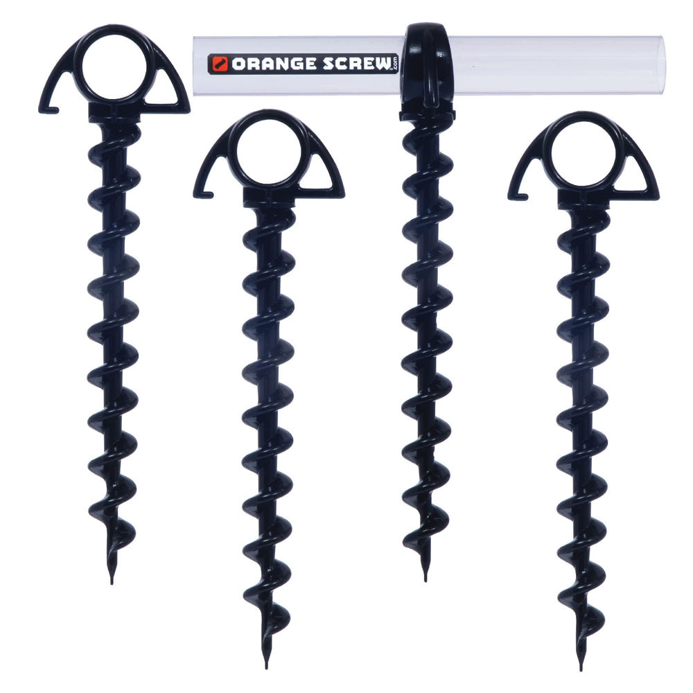 Orange Screw Ultimate anchors in packaging; durable, eco-friendly stakes for camping.