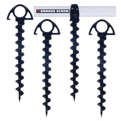 Orange Screw Ultimate anchors in packaging; durable, eco-friendly stakes for camping.