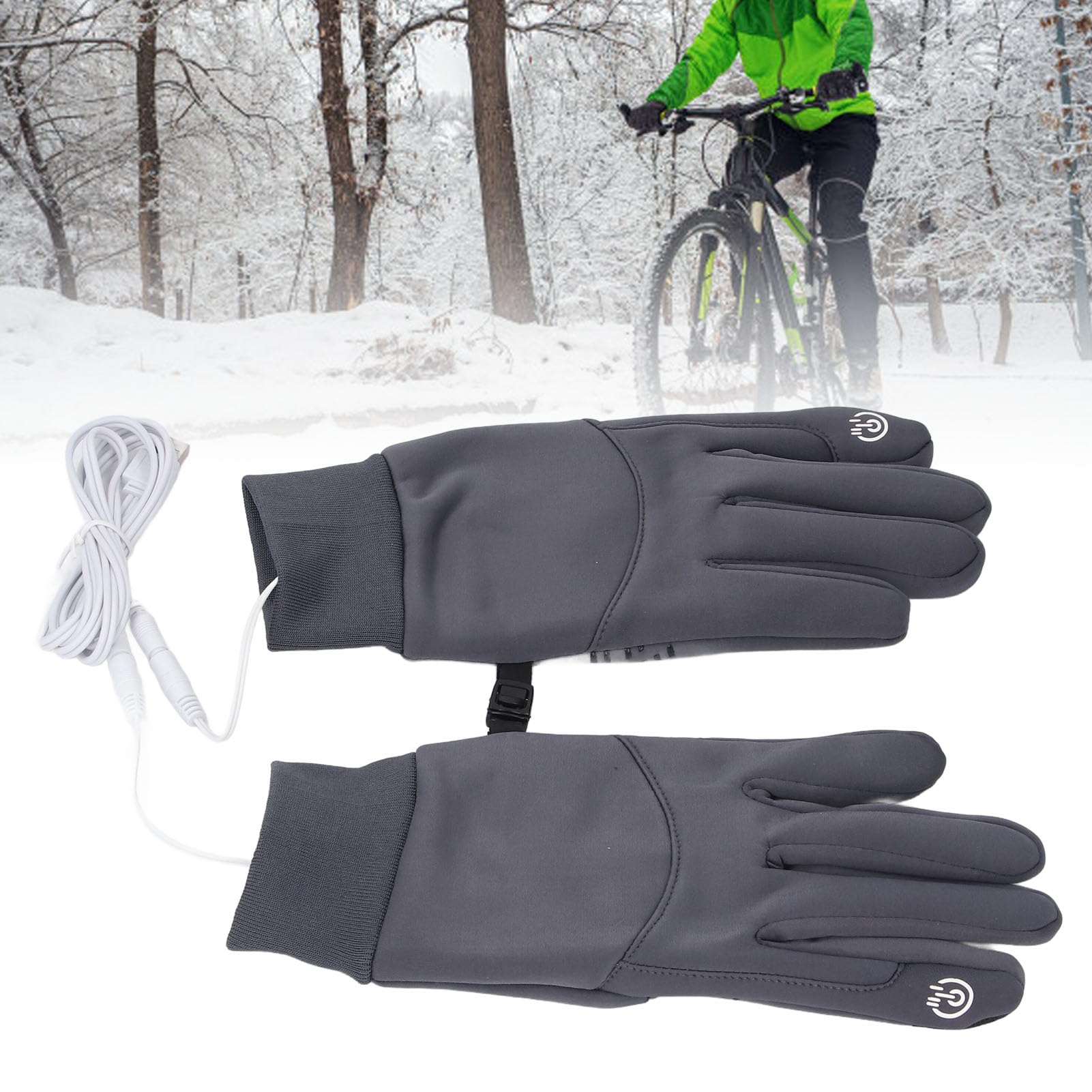 Oreilet heated gloves showing touchscreen compatibility in cold weather.