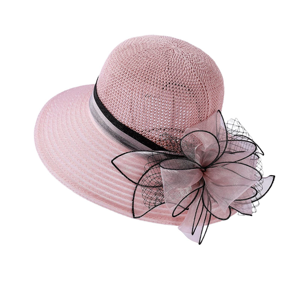 Organza sun cap wide brim pink derby hat, ideal for sun protection.