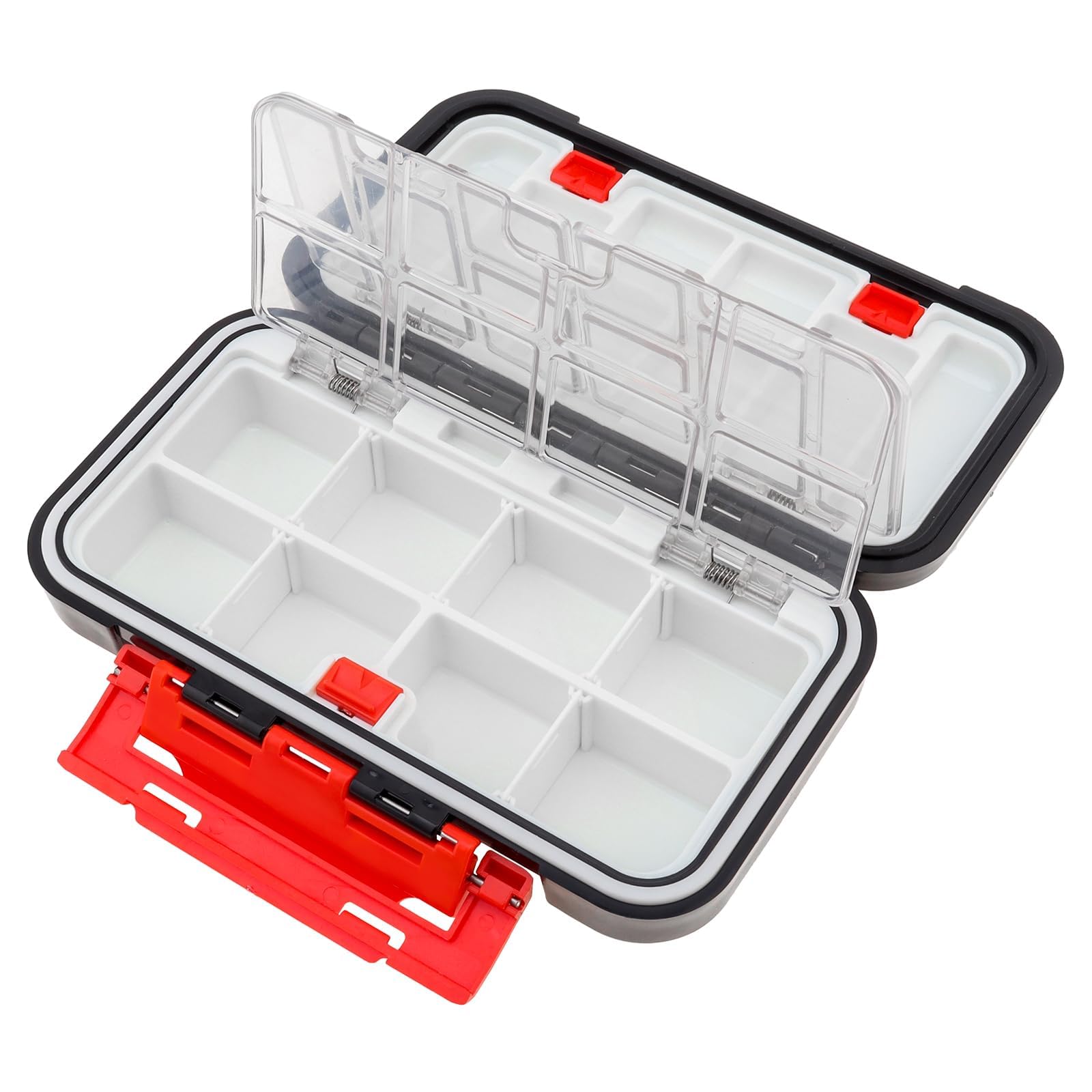 Black tackle box protecting lures from sun exposure