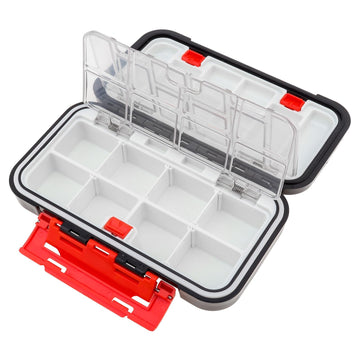 Black tackle box protecting lures from sun exposure