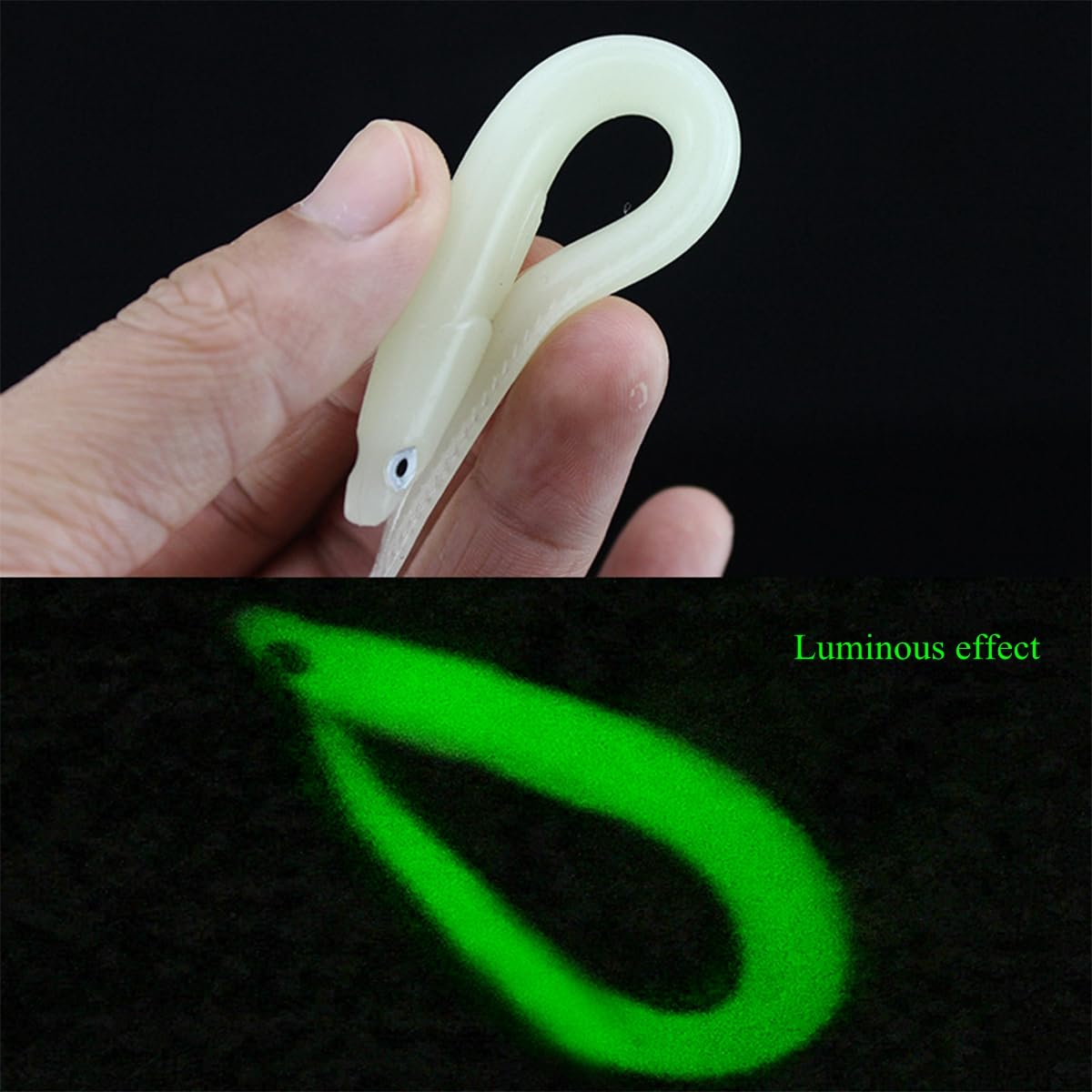 Close-up of luminous soft PVC eel lure with realistic 3D eyes