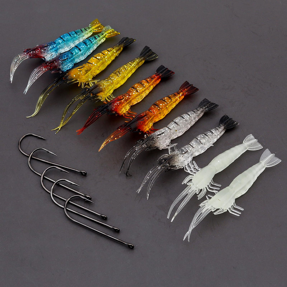 Close-up of lifelike silicone shrimp lure with arched back