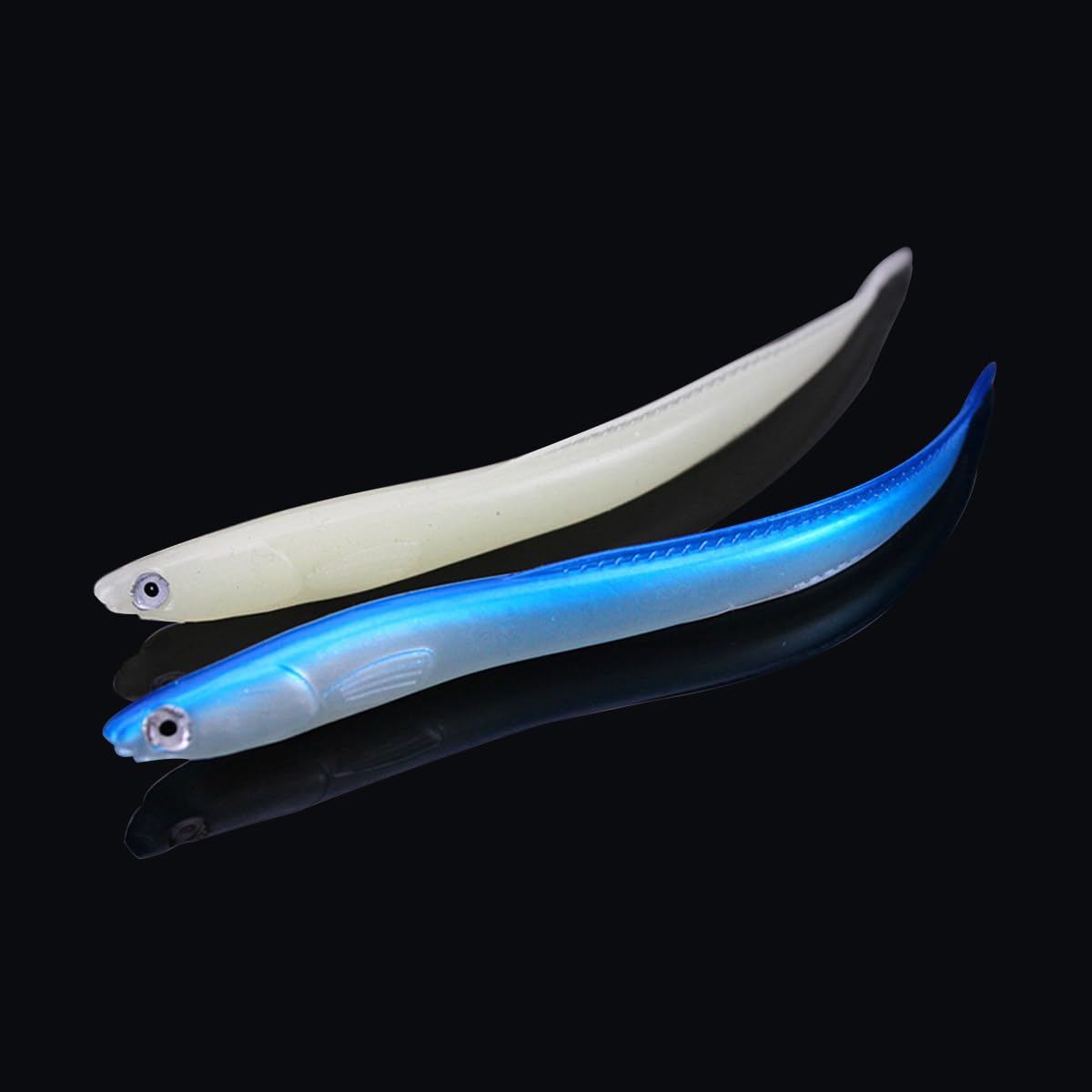 Detail shot of blue eel lure’s oversized tail for enhanced movement