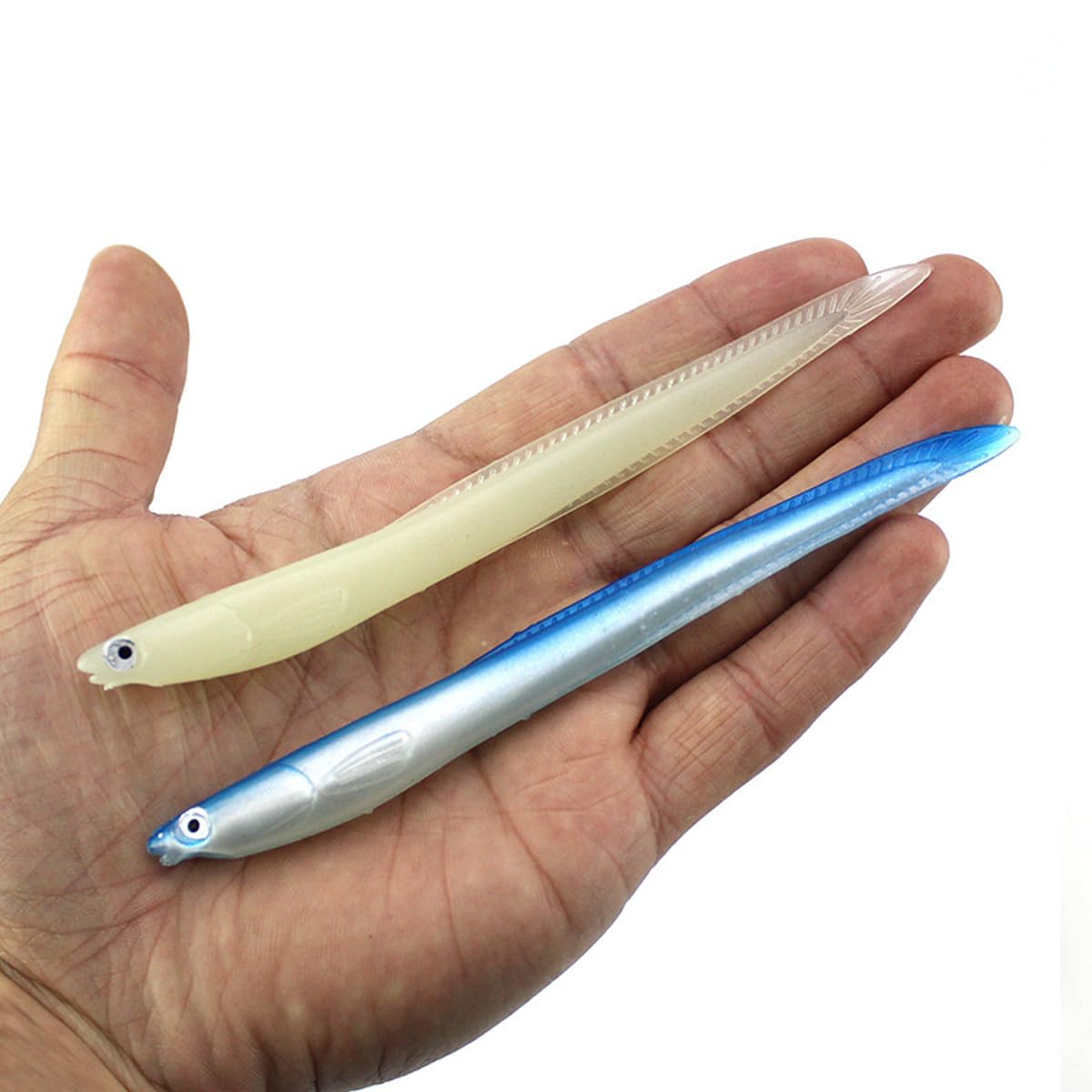 OriGlam eel lures packaging with five blue baits