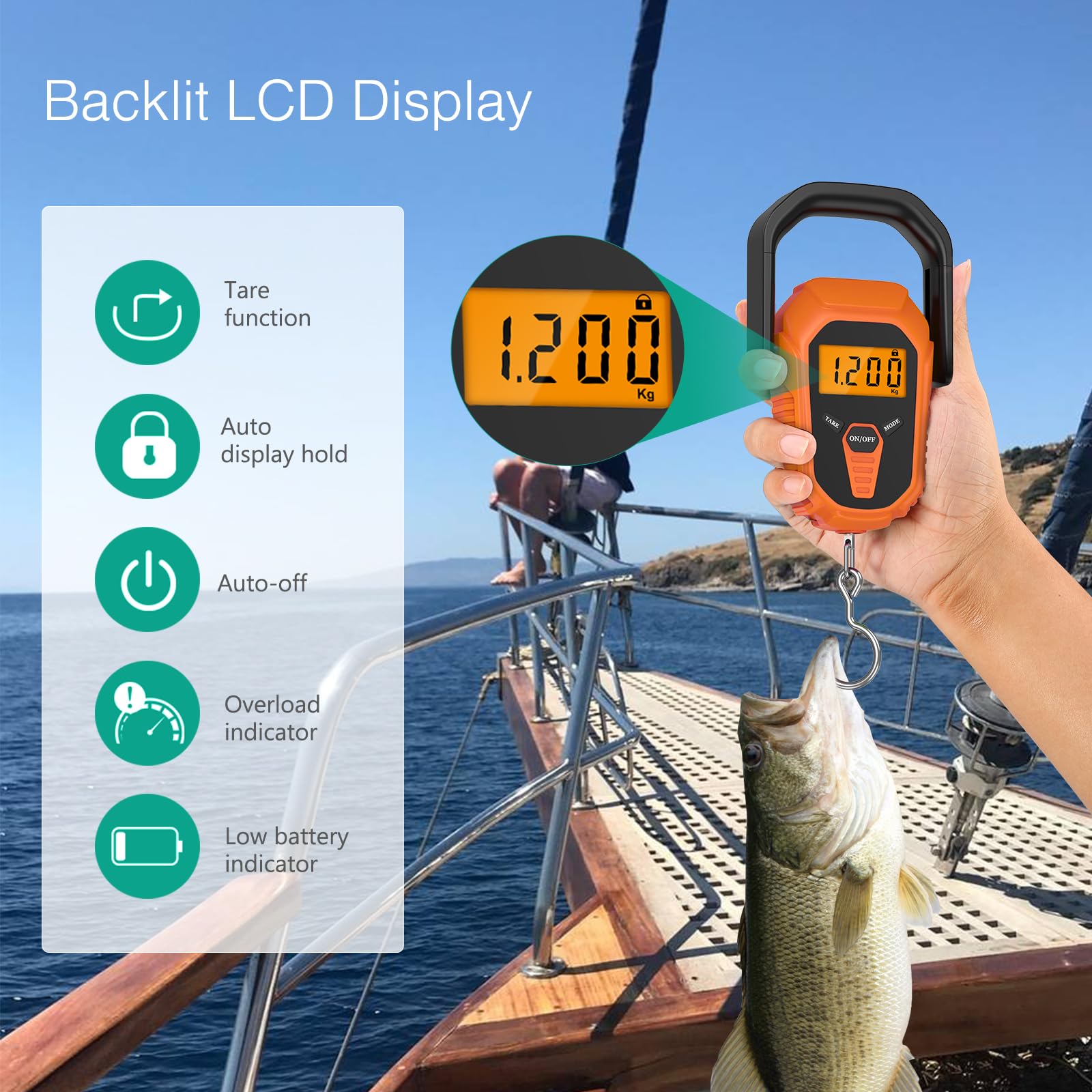 Display showing weight in pounds with orange backlight