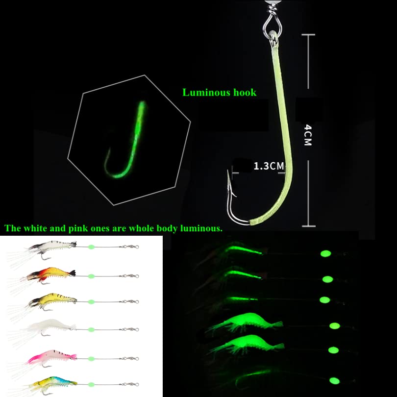 Six colorful silicone shrimp lures laid out