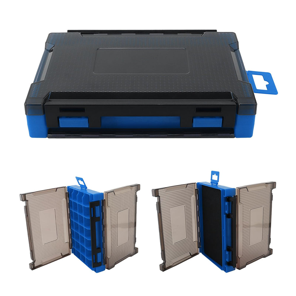 OriGlam double-sided fishing tackle box in blue, left side storage