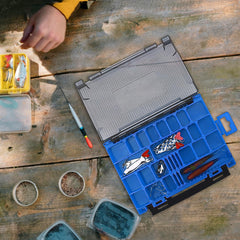 OriGlam blue tackle box open showing right side storage