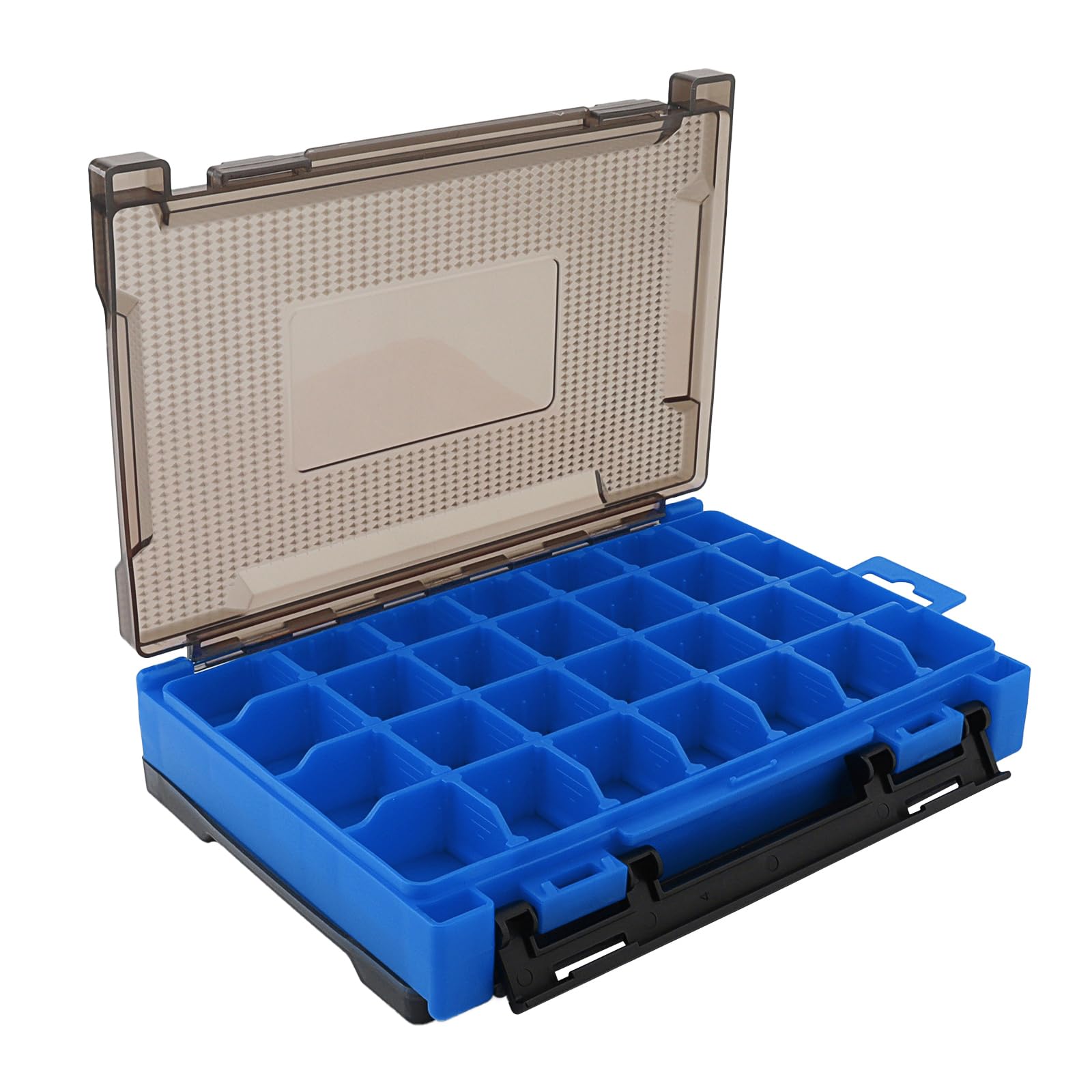 Blue fishing lure case with adjustable compartments and dividers