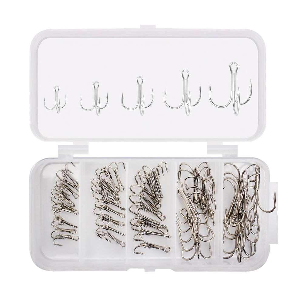 OriGlam 50pcs Treble Hooks Kit - high carbon steel hooks in silver finish, sizes 2# 4# 6# 8# 10#