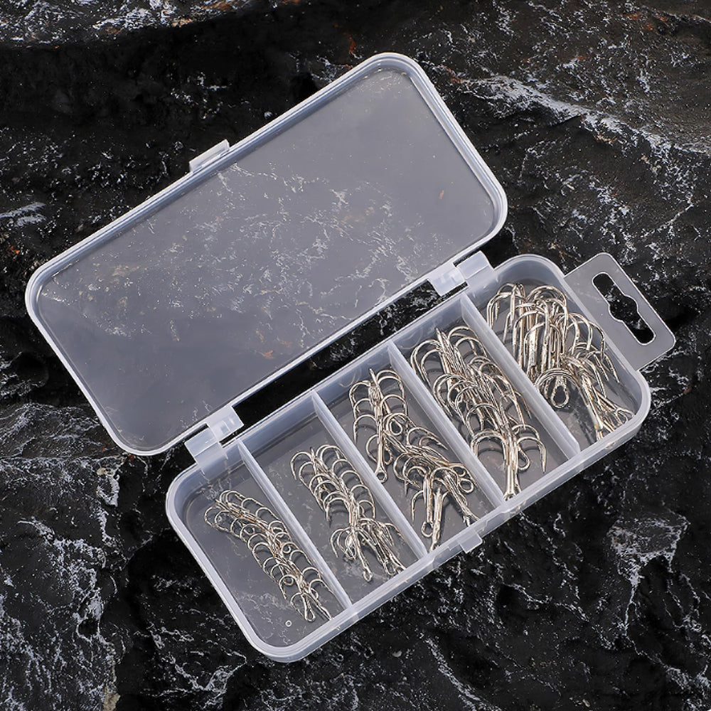 Close-up of sharp treble hook tips with barbed design