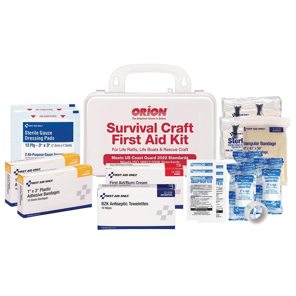 Orion Survival Craft First Aid Kit in a hard plastic case, ideal for outdoor adventures.