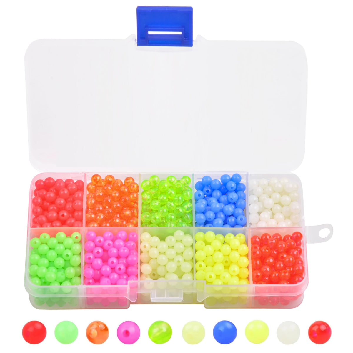 OROOTL 1000-piece fishing beads assortment in a clear storage box showing 10 colors