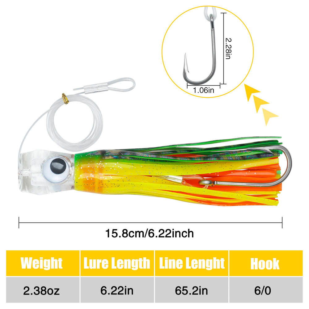 OROOTL saltwater lure with bright color skirts for deep sea visibility.