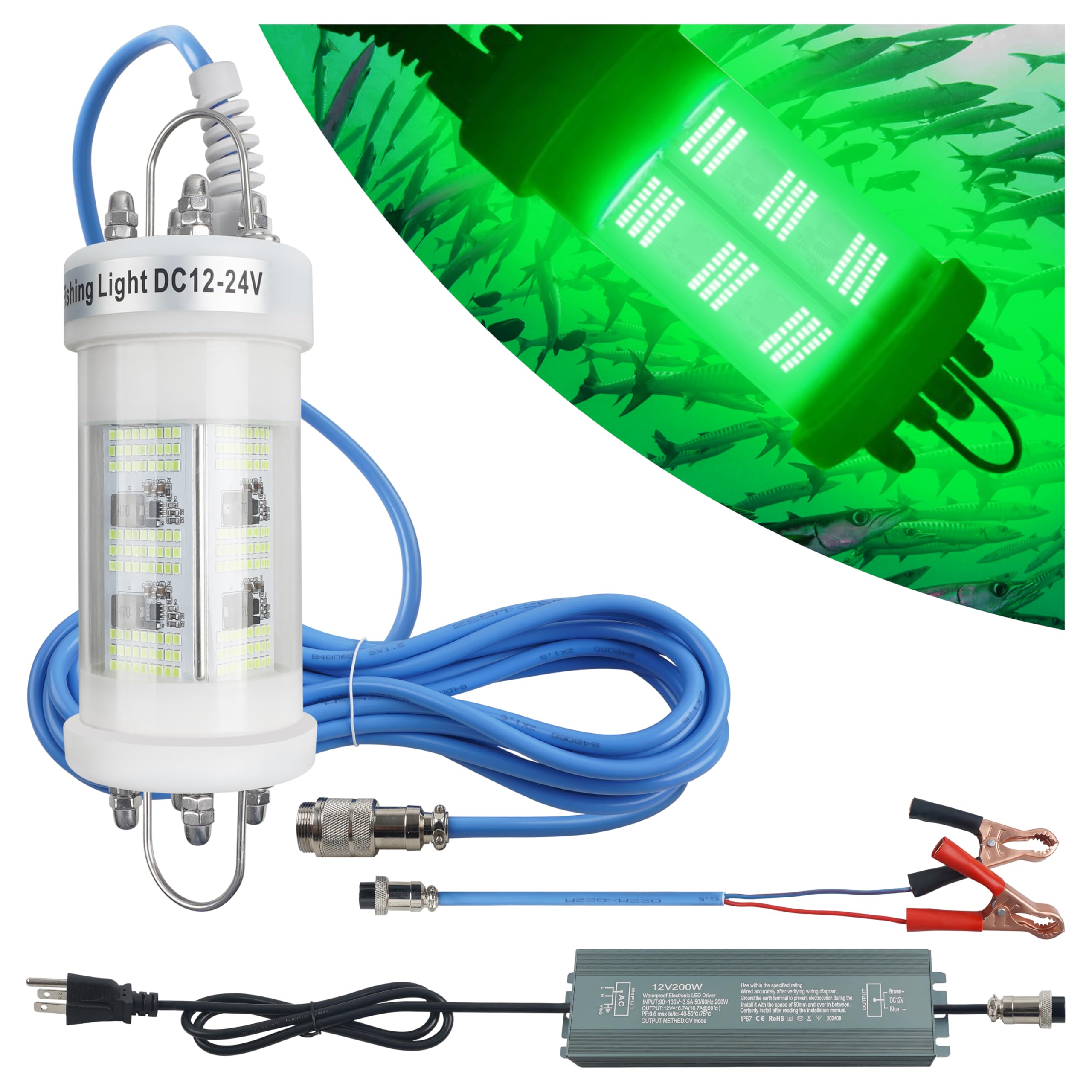 OROOTL underwater light front view shows 360° night fishing illumination.