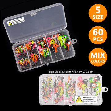 Packaging showing 60 jig heads in multiple colors