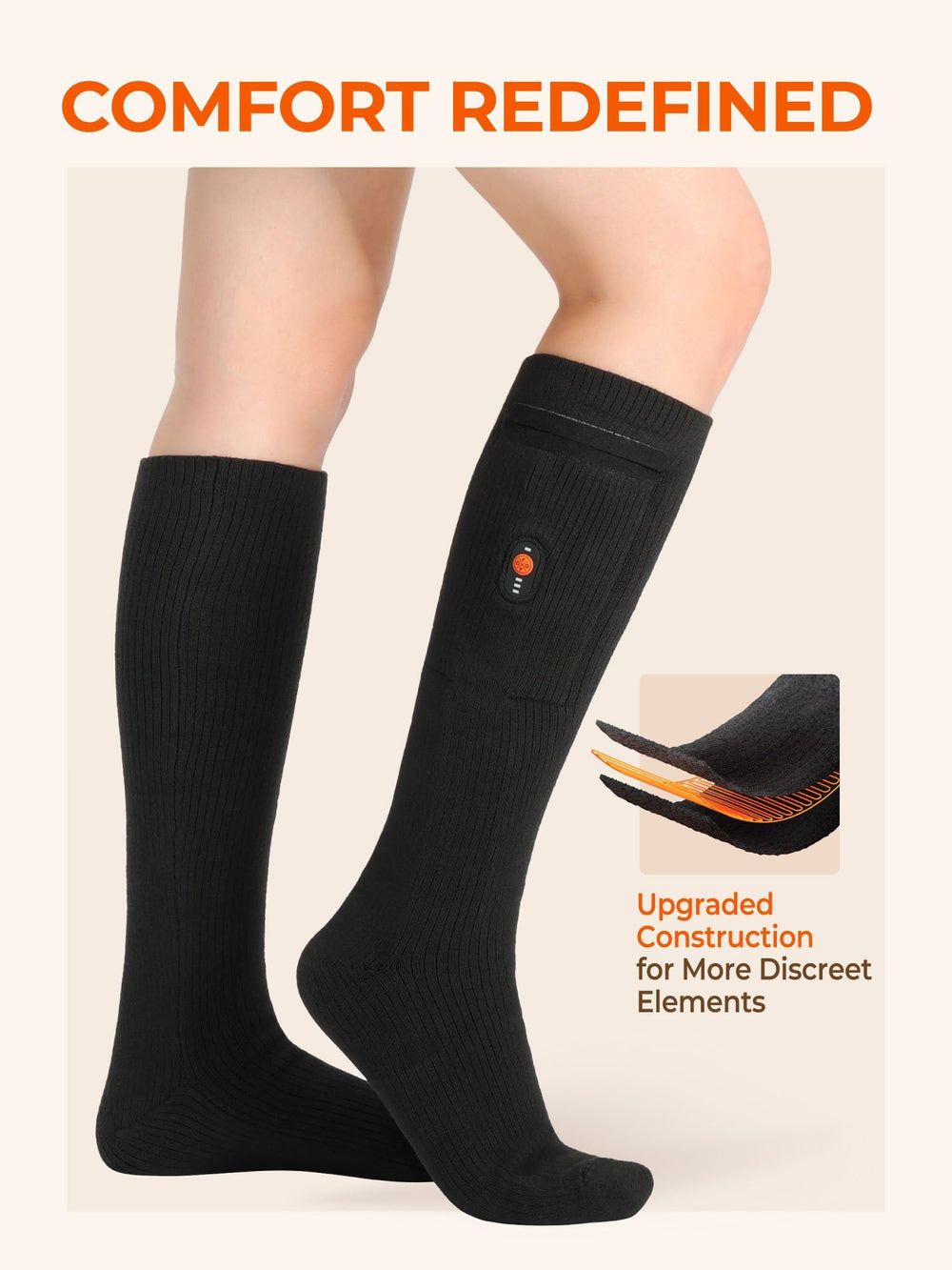 ORORO heated socks battery-pack view in jet black, ready for long-lasting warmth on the go.