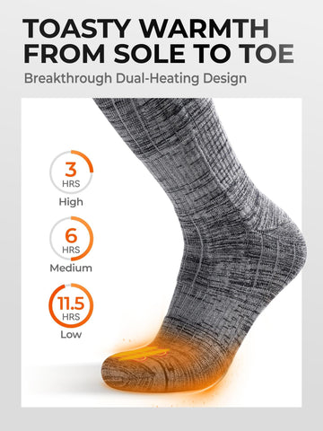 ORORO heated socks wool-blend fabric maintains cozy comfort on long hikes.