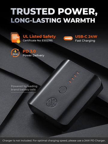 ORORO heated vest battery-pack image highlights long-lasting power.