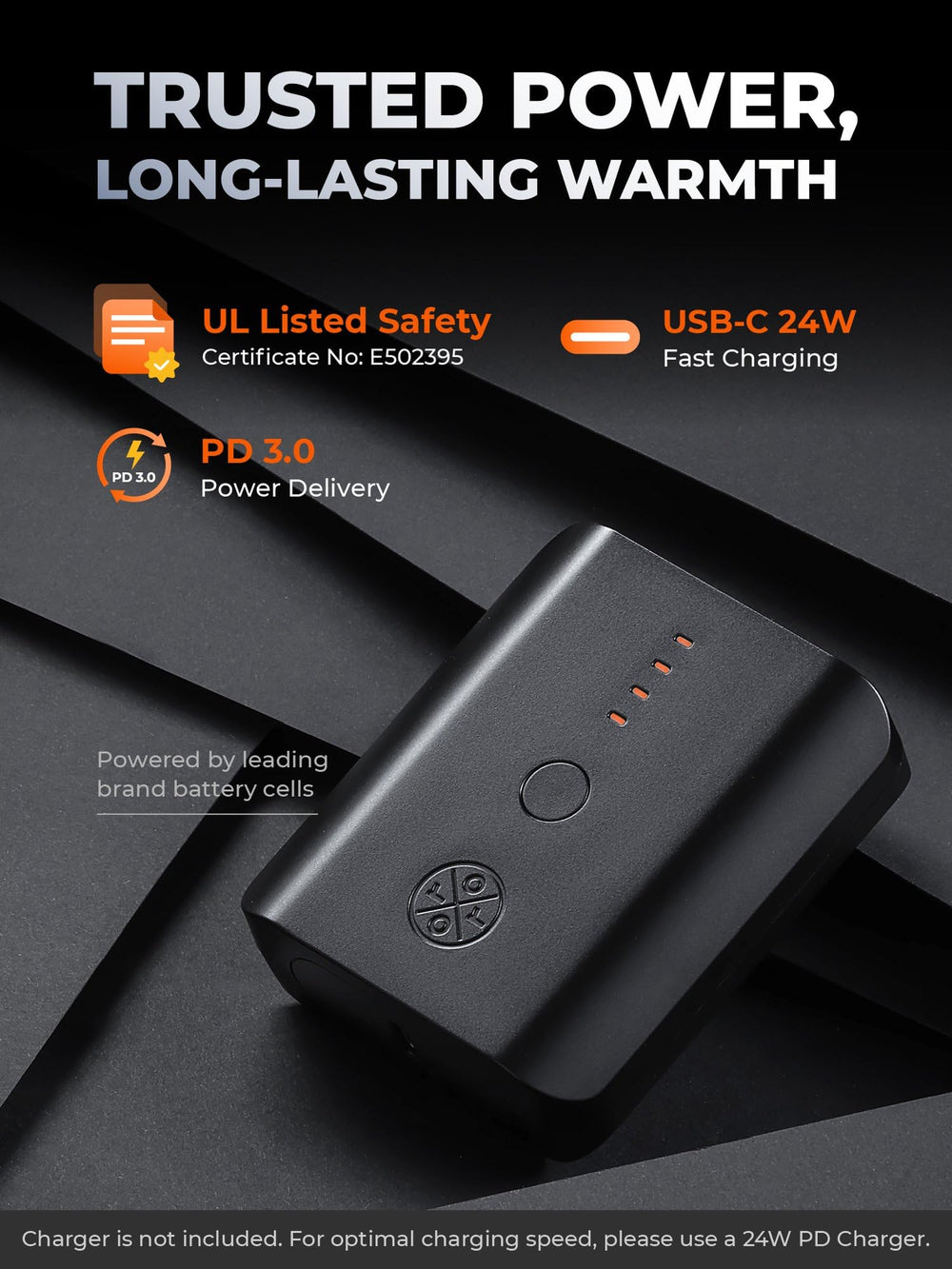 ORORO heated vest battery-pack image highlights long-lasting power.