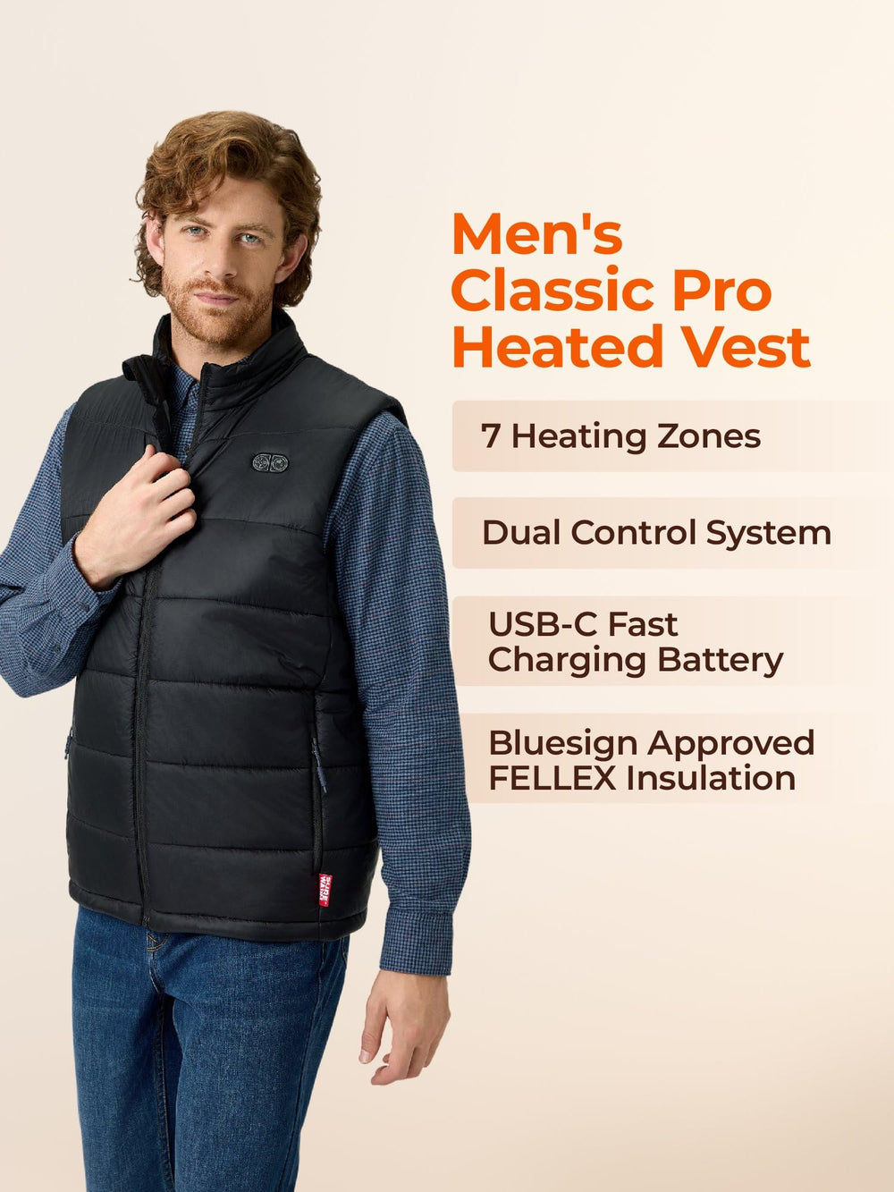 ORORO heated-vest USB-C charging graphic emphasises quick recharge on the go.