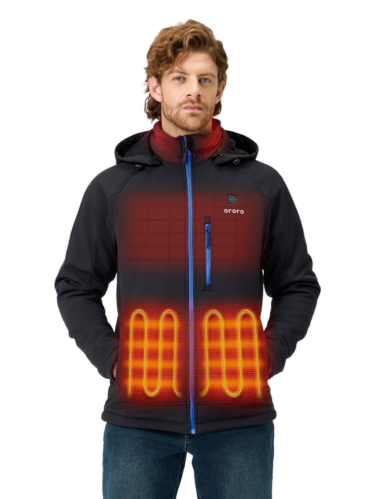 ORORO heated jacket front view shows four-zone heat layout for core warmth.