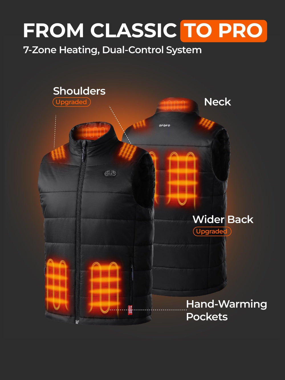 ORORO men's heated vest back view highlights upper-back warmth during chilly commutes.