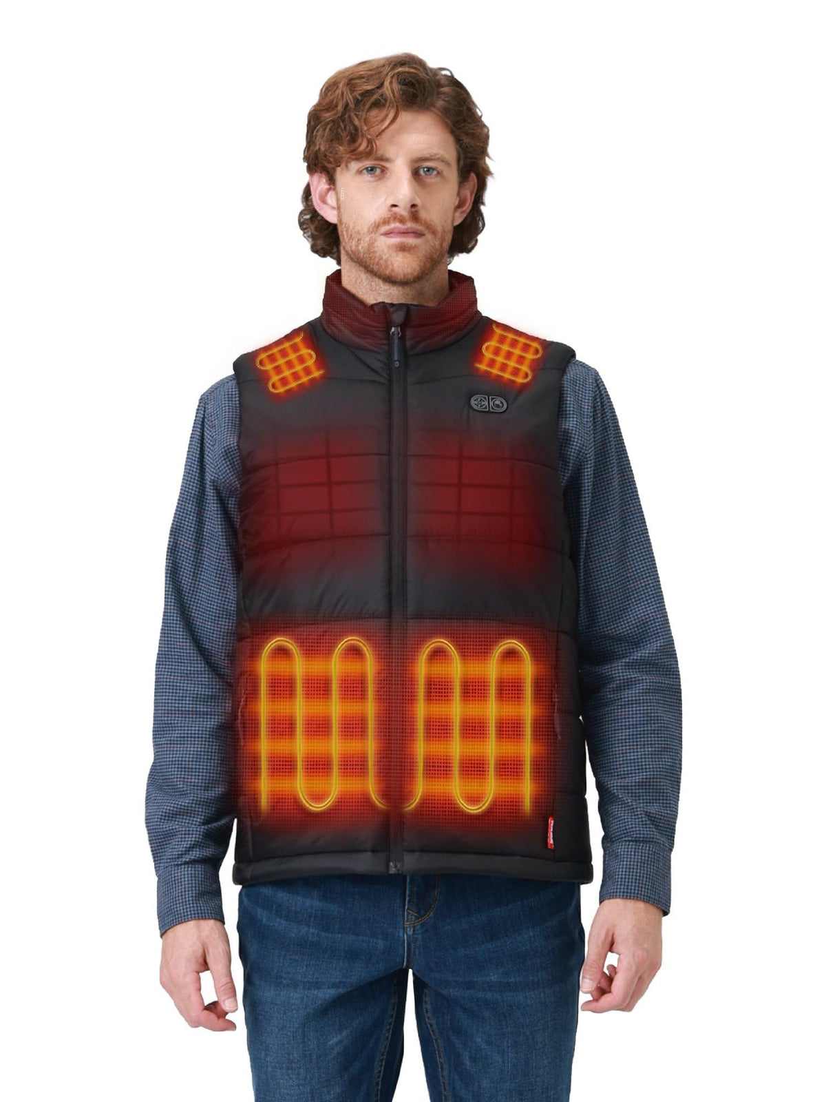 ORORO men's heated vest front view demonstrates targeted warmth for cold outdoor activities.