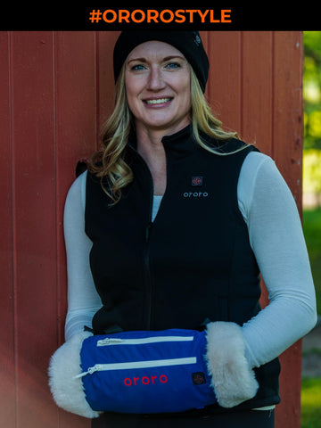 Blue ORORO heated pouch with water-repellent shell for light rain.