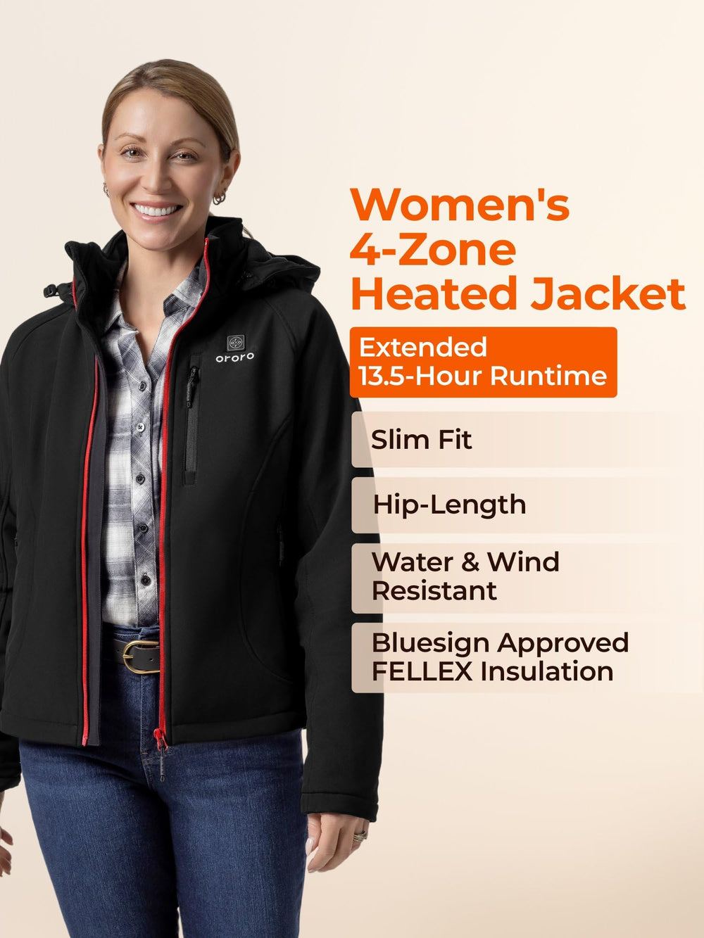 ORORO women's heated jacket detachable hood adds windproof coverage in harsh weather.