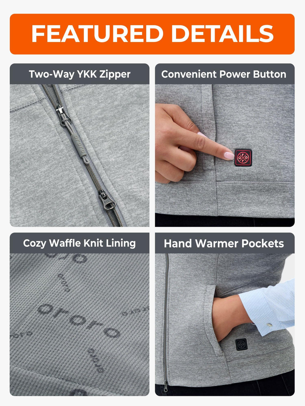 ORORO Women's Heated Liner Vest material close-up shows recycled fabric for durable warmth.