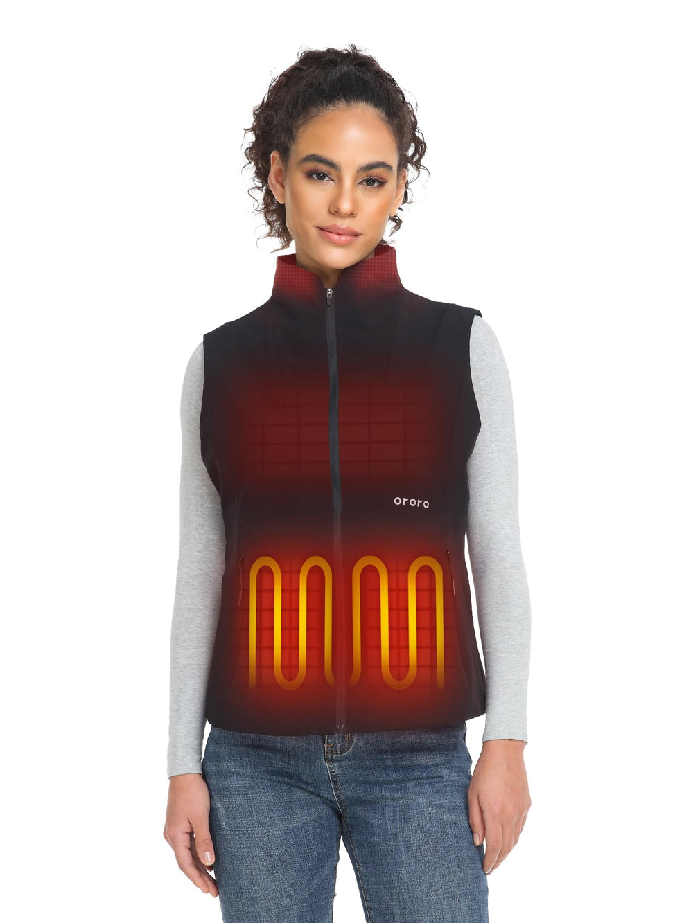 ORORO women's heated vest front view demonstrates lightweight warmth for outdoor activities.