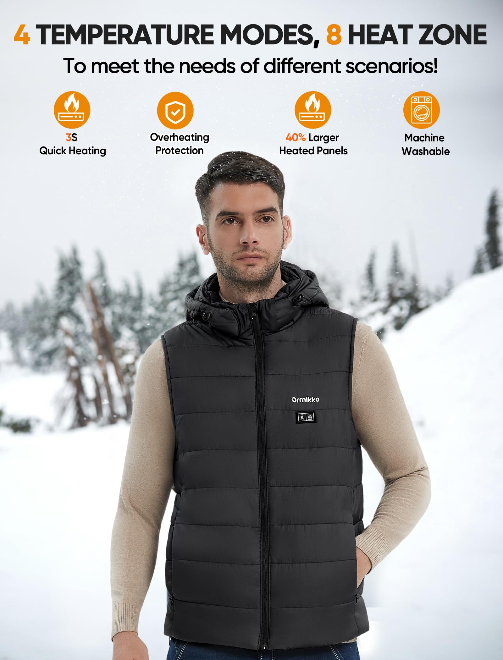 ORRNIKKO heated vest back view showing mid-back warmth and silhouette
