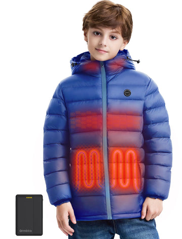 ORRNIKKO kids heated jacket front view showcases four-zone warmth for outdoor play.