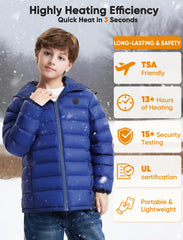 ORRNIKKO kids heated jacket with hood keeps heads warm during windy commutes.