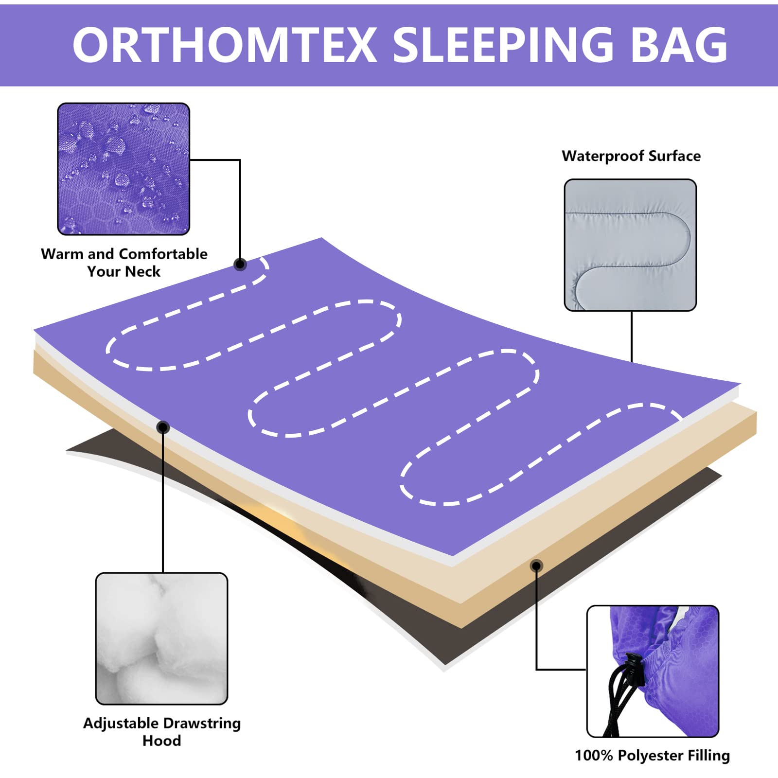 ORTHOMTEX sleeping bag interior-hood-drawstring features a snug half-circle hood for warmth