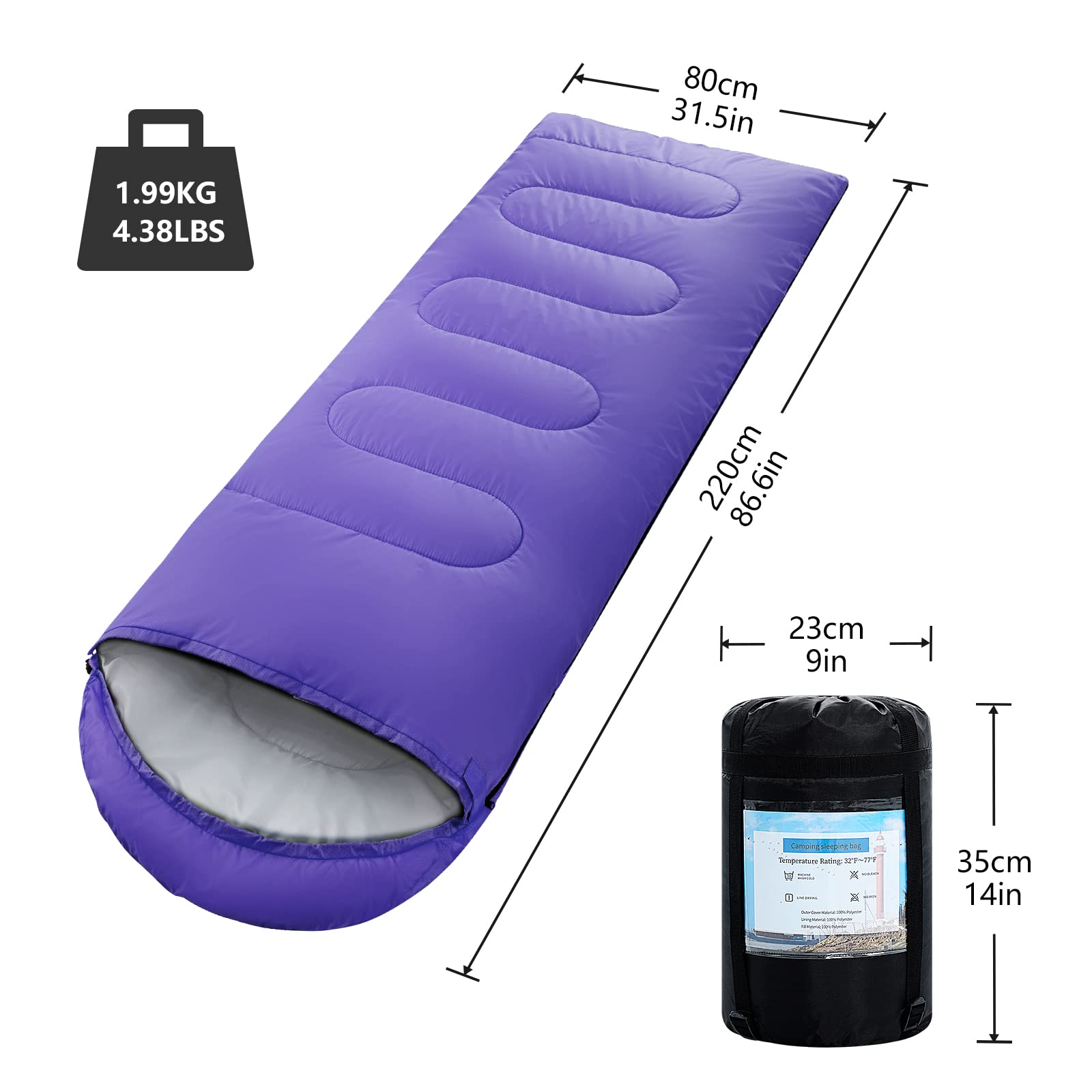 ORTHOMTEX sleeping bag lightweight-packable ideal for backpacking and travel
