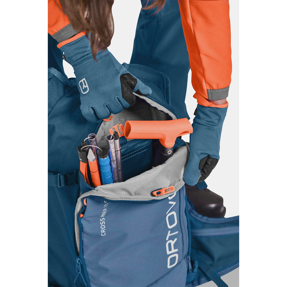 Ortovox Cross Rider 20L compact storage keeps shovel and probe organized.
