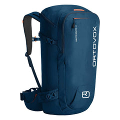 Ortovox Haute Route 40L front view in petrol blue, rugged fabric and compact silhouette for alpine use