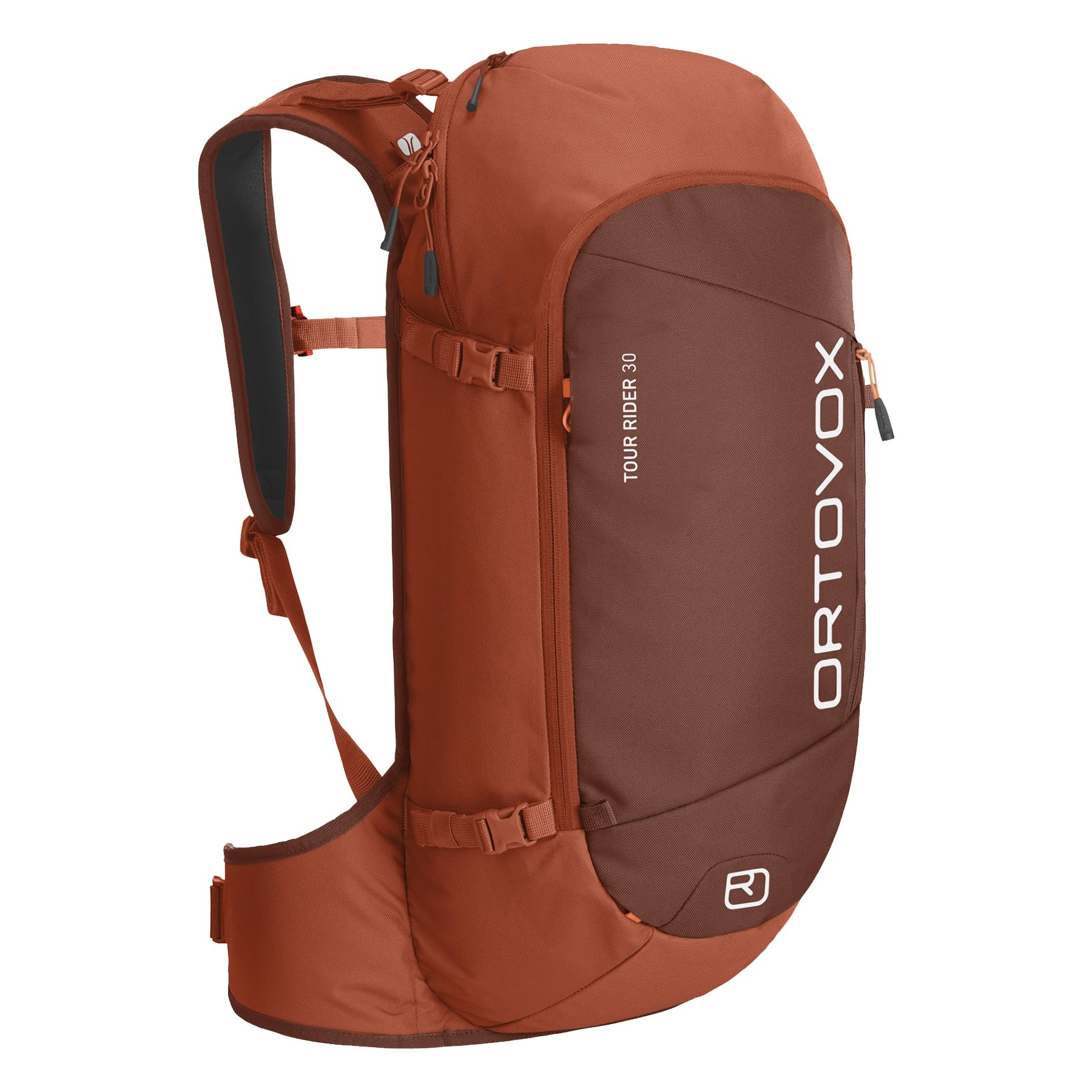 Ortovox Tour Rider 30L front view in desert orange for backcountry day tours