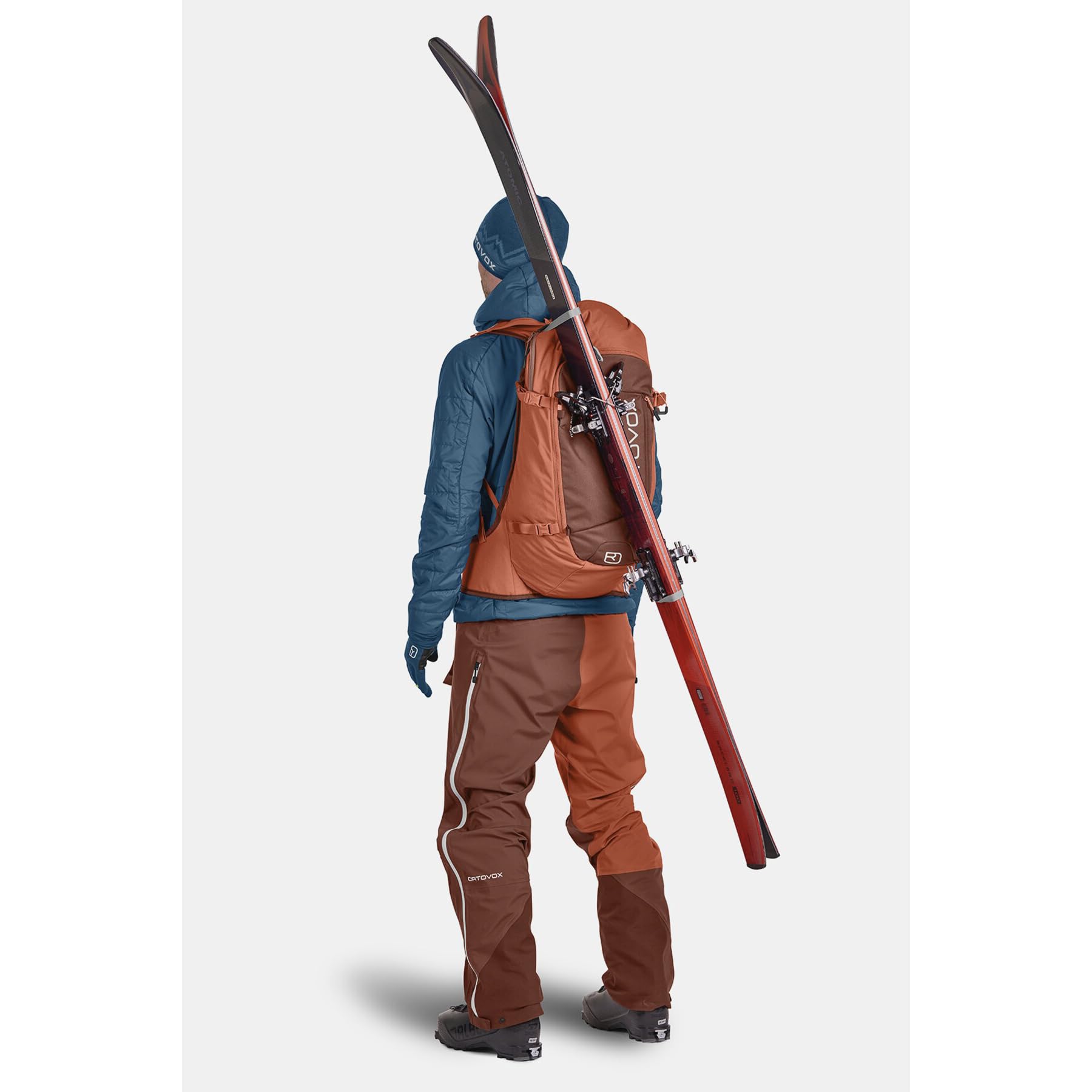 Ortovox Tour Rider 30L ski fastener attachment supports secure bindings on powder days