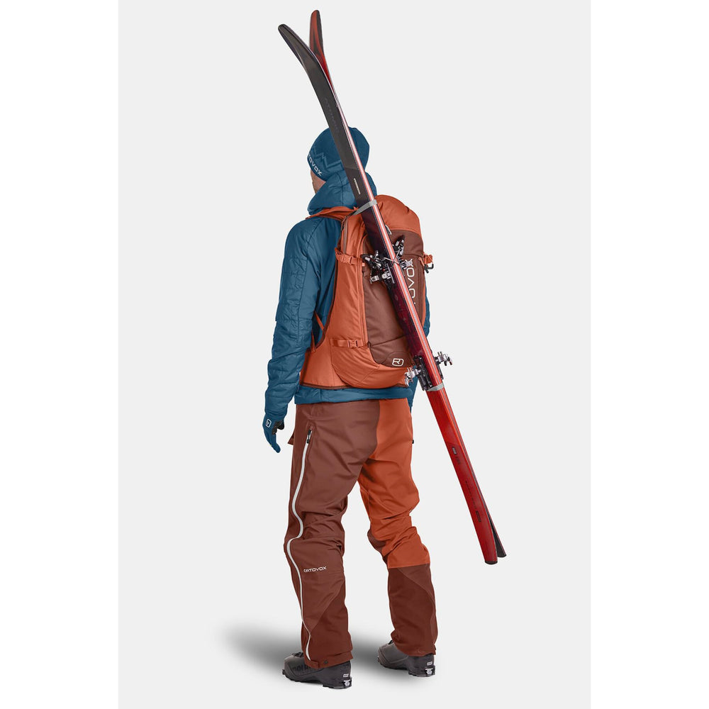 Ortovox Tour Rider 30L ski fastener attachment supports secure bindings on powder days