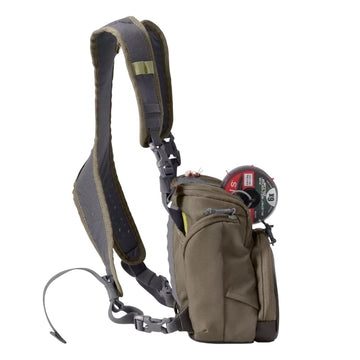Orvis chest pack fold-down lid enabling easy on-water access to contents.