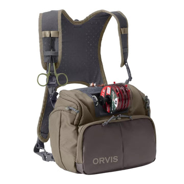 Orvis chest fly-fishing pack front view showing quick-access organization for flies.