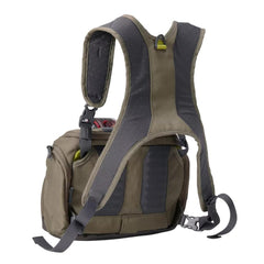 Orvis chest pack side pocket with zinger pass-through for tool reach.