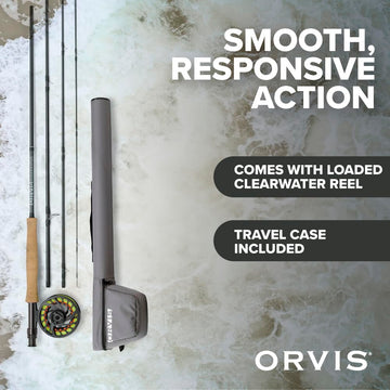 Orvis Clearwater reel handle and balance in hand during practice cast.